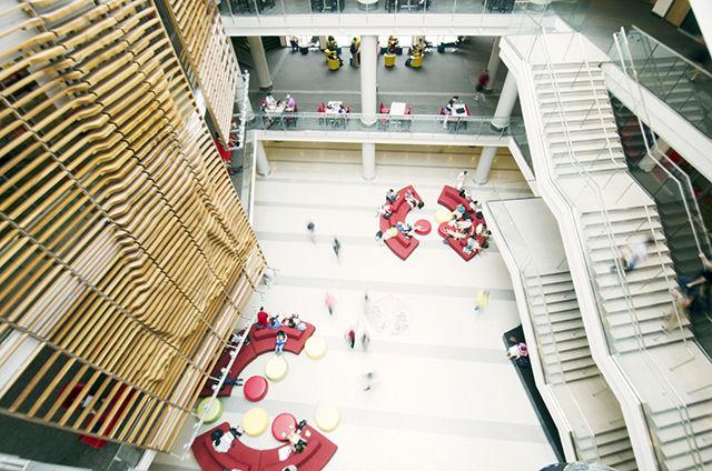 Students gather and walk thru the sky-lit atrium in Talley Student Union on August 26, 2015. The Sky-Lit Atrium is one of the many features that was revealed in phase II of Talley Student Union on May 8th, 2015.