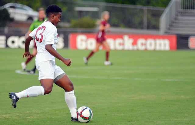 Freshman midfielder Ella Bonner shoots in a match against the Elon Eagles. Wolfpack won the game 2-0 at Dail soccer stadium on August 27, 2015.