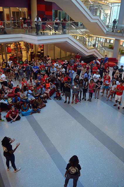 Speakers from respect the pack engage the audience about diveristy. Students left their handprint on a banner pledging to act with respect to all walks of life on campus. The event, Respect the Pack, was held in Talley Student Union on August 18.