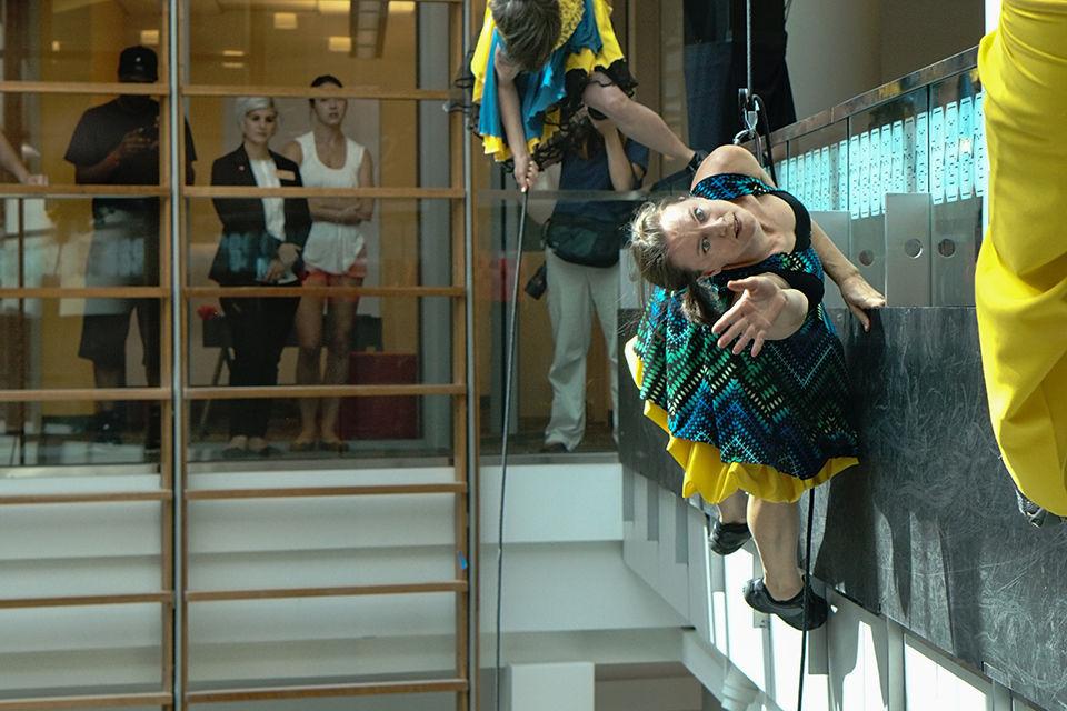 A member of Bandaloop performs a vertical dance routine. Bandaloop performed at the Grand Opening of Talley Student Union on 9/9.