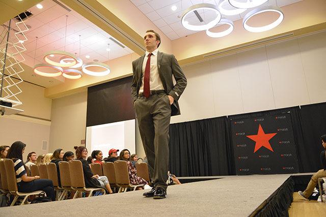 Federica Garcia/Technician
Matt Pless, a senior studying mechanical engineering, models the perfect interview outfit for males. The Career Development Center held a Macy&#8217;s Fashion Show in Talley Coastal Ballroom on Monday. Students had the opportunity not only to learn how to professionally dress, but also to win a new outfit from Macy&#8217;s.&#160;