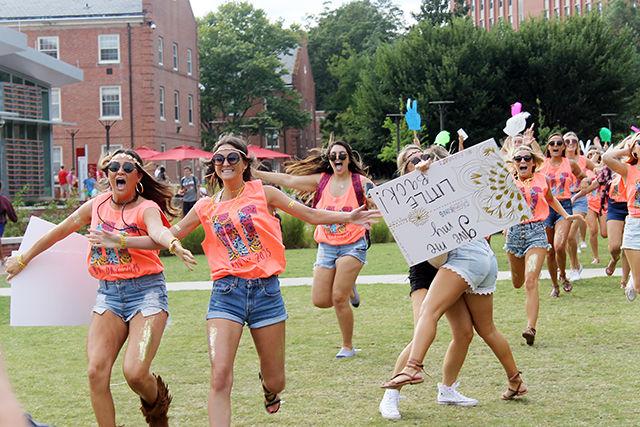 Members of Delta Gamma run across Stafford Lawn to welcome their new sisters into the sorority. Bid Day, the final event in sorority recruitment, took place on September 16th on Stafford Lawn.