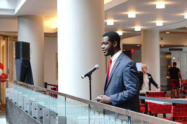 Student body president Khari Cyrus delivers a speach at the Grand Opening of Talley Student Union on 9/9.