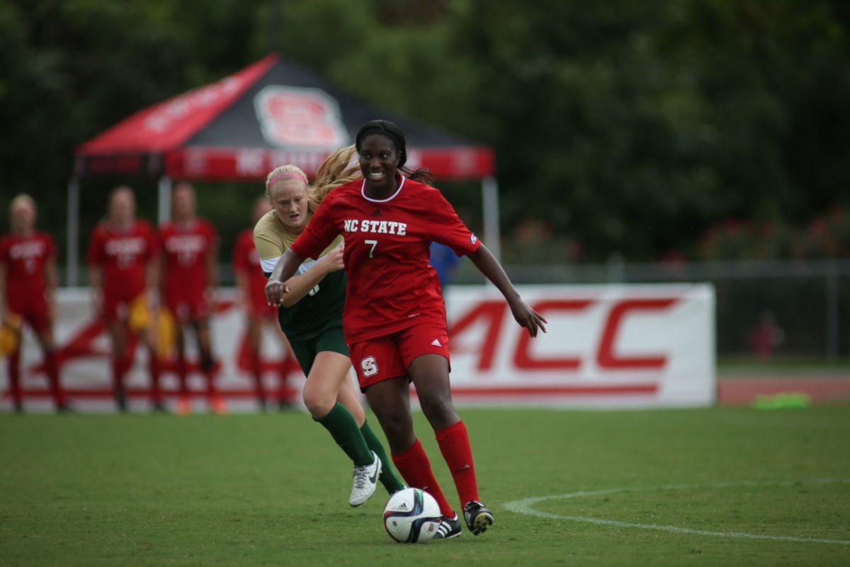 Redshirt Junior forward Alexa Allen makes a getaway from a William &amp; Mary defender. The Wolfpack lost the game 0-3 to William &amp; Mary on September 6 at Dail Stadium.