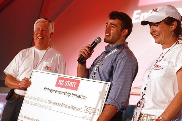 Oliver Brian Walsh, a Junior majoring in Electrical Engineering thanks the crowd ecstatically after winning the "Minute to Pitch it" event during Entrepalooza at The Oval on Thursday, Sept 3, 2015.