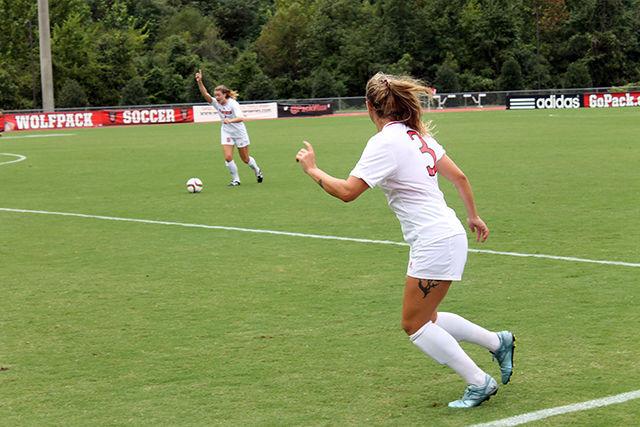 Midfielder Jenna Kalwa signals for the ball during the September 27 match against Boston College. The Wolfpack lost to Boston College 1-0.