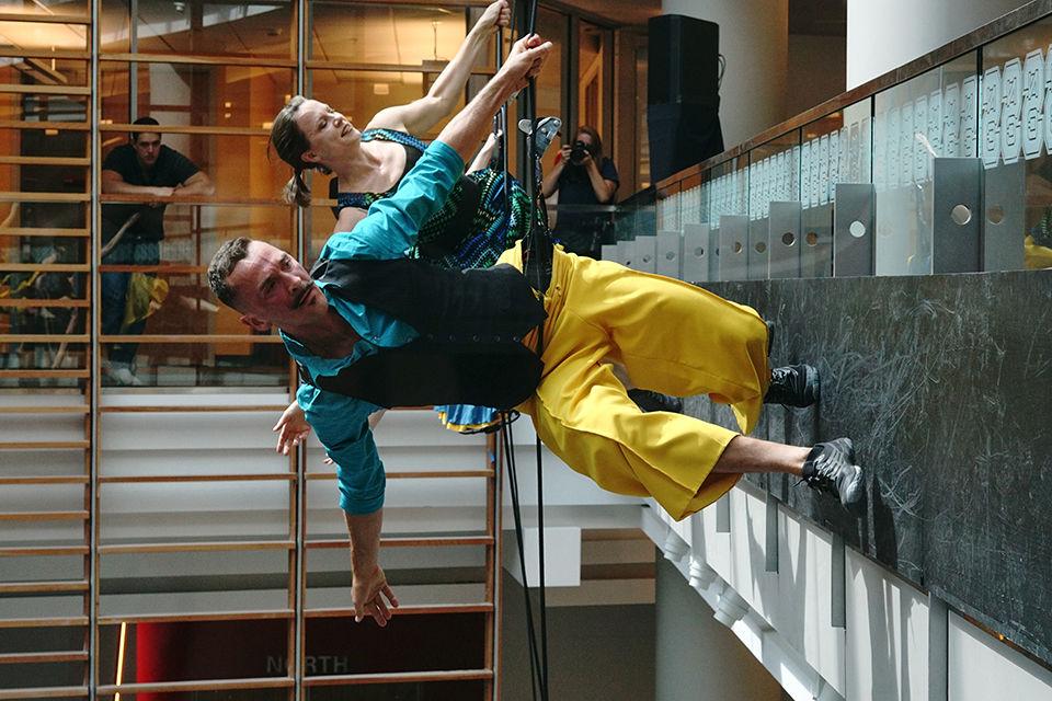 A member of Bandaloop performs a vertical dance routine. Bandaloop performed at the Grand Opening of Talley Student Union on 9/9.