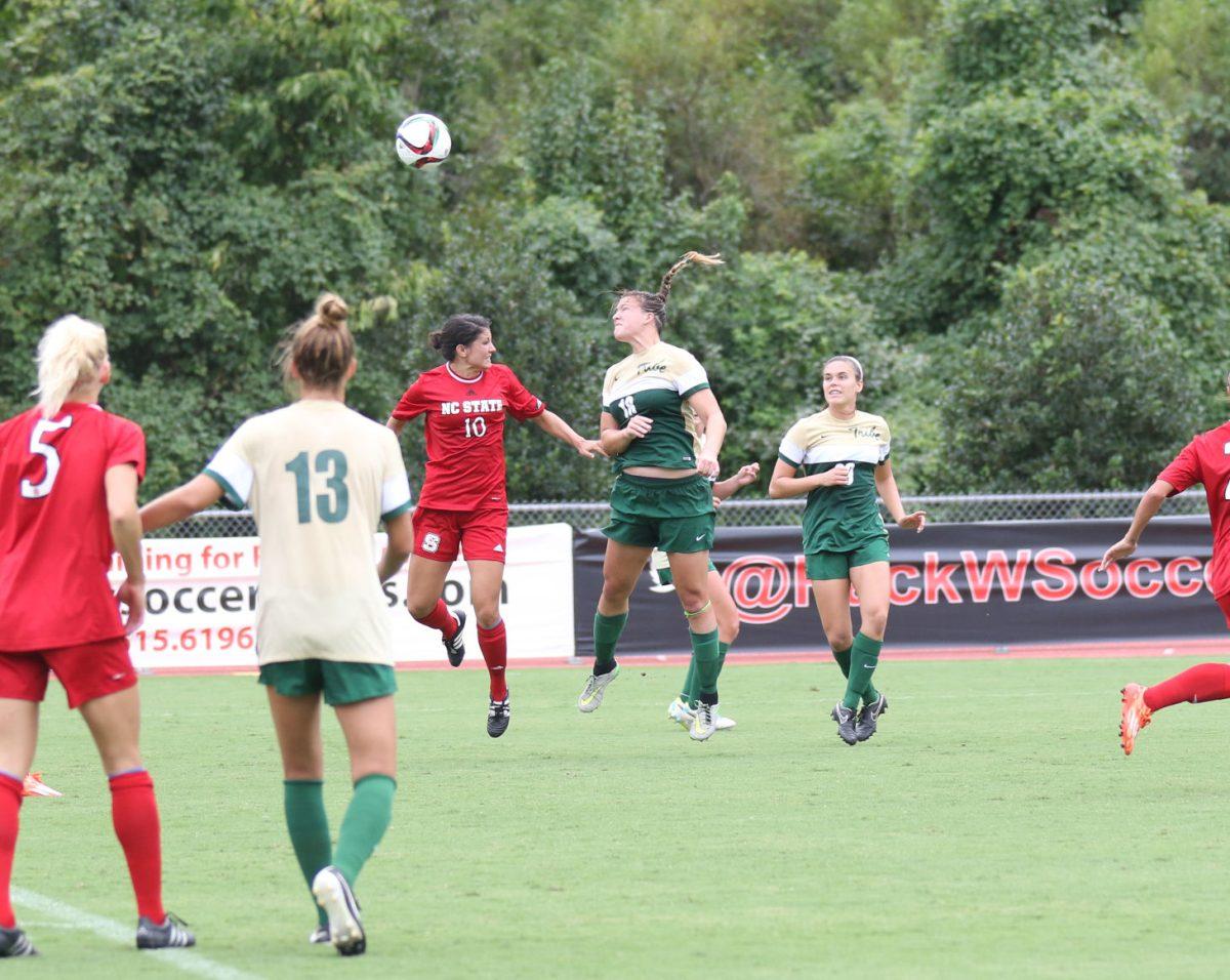 Jackie Stengel, redshirt sophomore forward, goes up for a header against a player from William &amp; Mary. Stengel made two shots on goal against the Tribe at the game September 6 at Dail Stadium. The Wolfpack lost 0-3, putting them at an overall record of 3-3 for the season.