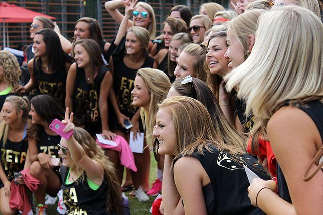 Members of Zeta Tau Alpha pose for a picture with their new recruits. Bid Day, the final event in sorority recruitment, took place on September 16th on Stafford Lawn.