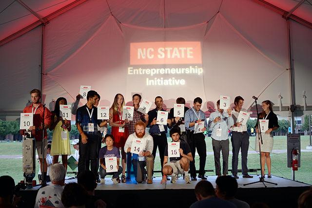 Minute to Win It Pitch Competition participants stand on the stage while the audience vote for the winner at Entrepalooza. Entrepalooza is an annual enrepreneurship and innovation festival hosted by the NC State Entrepreneurship Initiative. The event took place at The Oval Thursday on September 3, 2015.