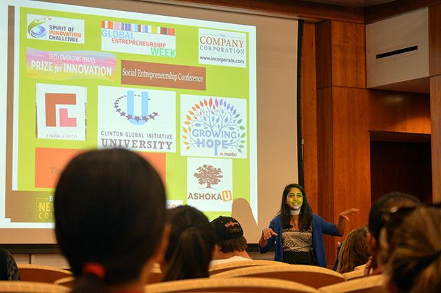 Shraddha Rathod, a sophomore studying engineering, addresses her and her team's entrepreneurship experiences with their corporation, FreshSpire. "FreshSpire is a mobile notification system that relays information of mark-downs that occur in a grocery store daily to consumers who need it," says Rathod. "We believe that technology is a good way to bridge the gap between people who don't have food and the waste that grocery stores throw out every single day." While FreshSpire is not currently available for commercial use, the team has won copious awards and received national recognition from organizations, such as the the Clinton Global Initiative, for their social project. As the team acquires additional support from both local and big-chain grocery markets, the chances that FreshSpire will soon appear in the Apple Store or the Android Market become more and more probable.