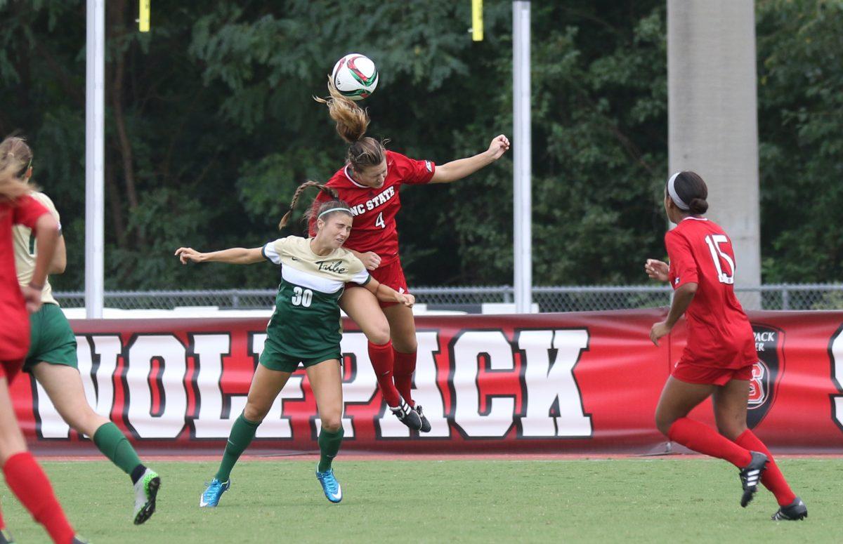 Freshman defender Hannah Keogh heads the ball at the game against William &amp; Mary at Dail Stadium September 6. The Wolfpack lost the game 0-3, putting them at an overall record of 3-3 for the season.