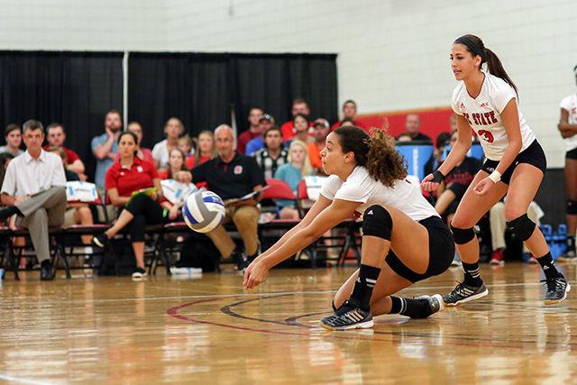 Senior middle blocker Morgan Cormier returns a serve against Campell on September 18th. Cormier had an explosive day with 8 kills, 2 sets, and 6 digs in Carmichael gymnasium. The Wolfpack went on to take the whole series in Carmichael gymnasium leaving them at 11-1 on the season.