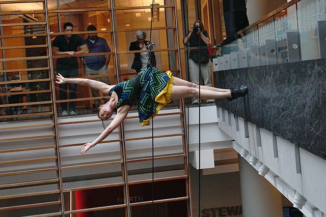 A member of Bandaloop performs a vertical dance routine. Bandaloop performed at the Grand Opening of Talley Student Union on 9/9.