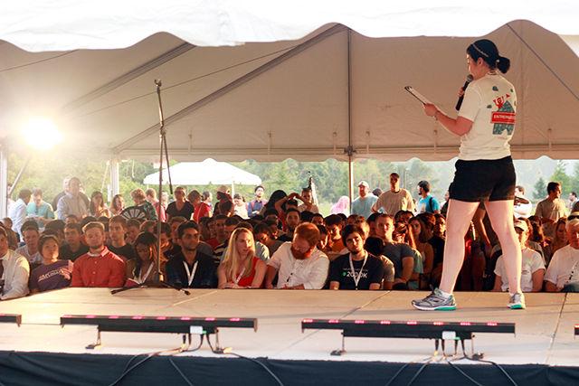 Megan Greer, Director of Communications and outreach at Entrepreneurship Initiative anchors the "Minute to Pitch it" event during Entrepalooza at The Oval on Thursday, Sept 3, 2015.