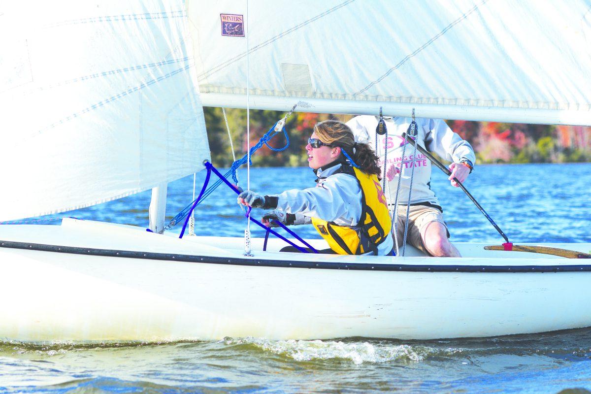 Paulina Spencer, a junior in Mathematics crews an FJ(Flying Junior) at Lake Wheeler on Friday. The NC State Sailing Club had their last practice session of the season on November 7. The team is looking forward to meet next in January.