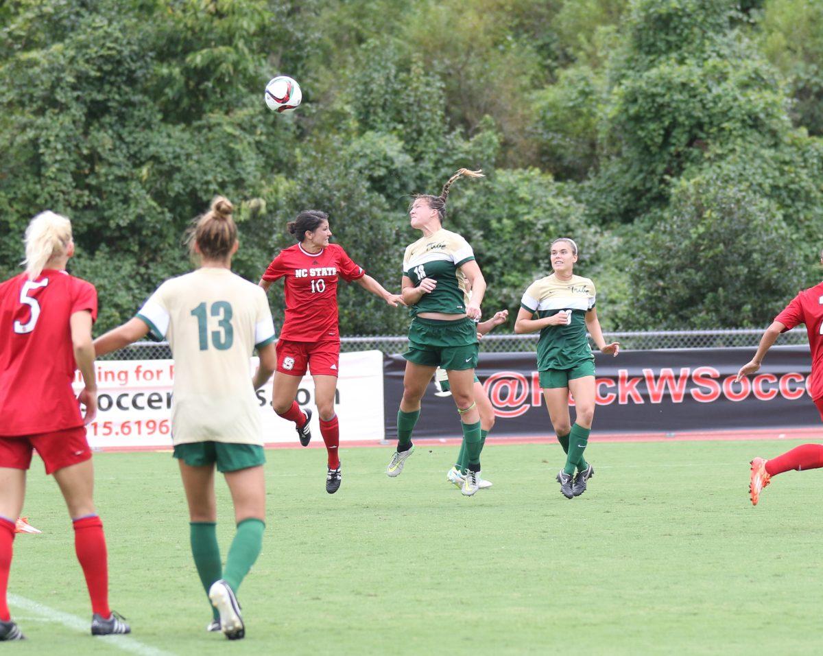 Jackie Stengel, redshirt sophomore forward, goes up for a header against a player from William &amp; Mary. Stengel made two shots on goal against the Tribe at the game September 6 at Dail Stadium. The Wolfpack lost 0-3, putting them at an overall record of 3-3 for the season.