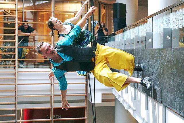 A member of Bandaloop performs a vertical dance routine. Bandaloop performed at the Grand Opening of Talley Student Union on 9/9.