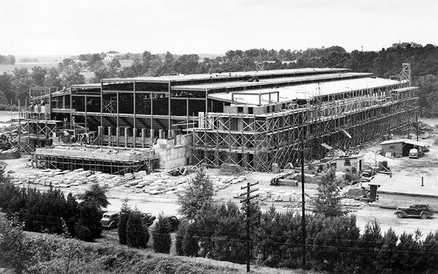 Reynolds Coliseum under construction on July 1, 1949.&#160; After construction was delayed due to World War II, the coliseum was completed and opened in 1949.