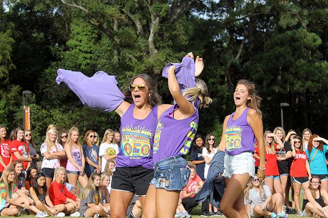 Rho Chi members from Chi Omega perform a chant and reveal the identity of their sorority. Bid Day, the final event in sorority recruitment, took place on September 16th on Stafford Lawn.