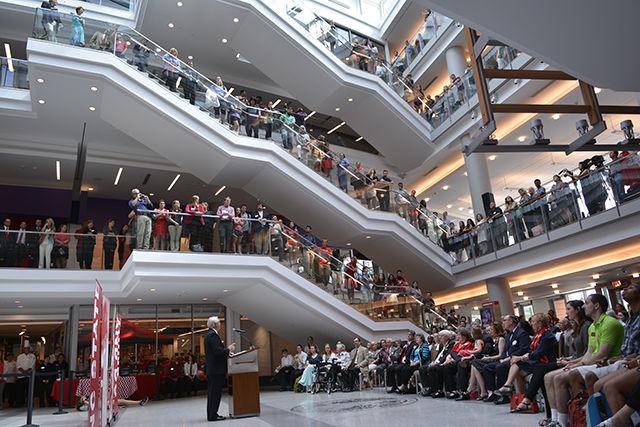 Chancellor Randy Woodson summorizes the history of Talley Student Union to a crowd. The Chancellor and the crowd were celebrating Talley Student Union's Grand Opening on Wednesday, Sept. 9th.