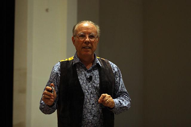 Mark Templeton, CEO of Citrix and a graduate from NC State, speaking on campus Wednesday evening on the subject of leadership and inspiration at the Poole College of Management.