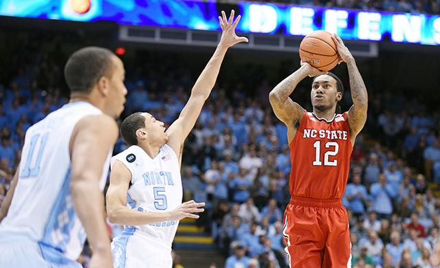 Sophomore guard Anthony &#8216;Cat&#8217; Barber takes a shot during the first half of the game against North Carolina in the Dean E. Smith Center Tuesday, Feb. 26, 2014. The Wolfpack defeated the Tar Heels, 58-46, the Wolfpack's first victory in the Dean Dome since 2003, before Roy Williams was head coach.