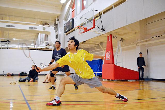 Teammates Yusuke Yamazaki (front) and Pushkar Phadke (back) compete in the final round of the MD-A 2015 Raleigh Smash badminton tournament in Carmichael Gym on Oct. 4.