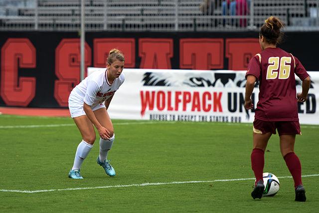 Senior midfielder Jenna Kalwa, 3, defends an attack from a Boston College player in the 0-1 loss against Boston College on Sunday September 27. Kalwa played 79 minutes in the loss at Dail Soccer Stadium.