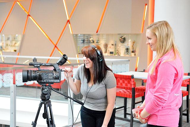 Chelsea North, a senior studying communication media and Hayley Tomlinson, a senior studying communication and Spanish makes a short film for their digital video production class on the second floor of Talley Student Union on Oct. 10. Tomlinson said that, "because of the lack of people on campus because of Fall Break, it's easier to film and there's less to edit since there's little noise at Talley right now."