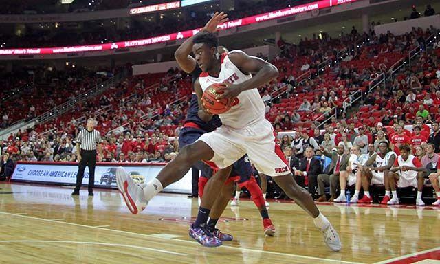 Abdul-Malik Abu, sophomore forward drives the baseline the men's basketball game at PNC Arena. The wolfpack played the University of South Alabama Sunday, November 15. Abu had 14 points in 20 minutes playing time. The Wolfpack won the game 88-70.
