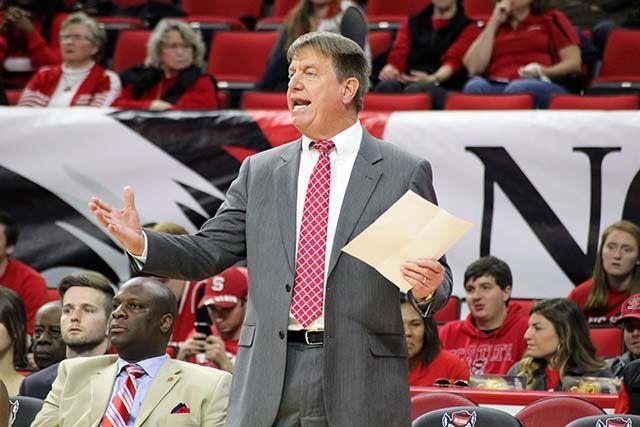 Wes Moore, head coach calls plays during the women's basketball game at PNC Arena. The wolfpack played the Villanova, November 13. The Wolfpack won the game 70-64.