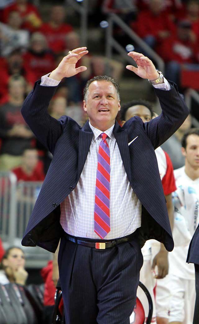 Mark Gottfried, head coachpaces the sidelines at the men's basketball game at PNC Arena. The wolfpack played the University of South Alabama Sunday, November 15. The team never trailed during the game. The Wolfpack won the game 88-70.