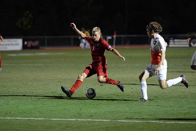 Sophomore defender Caleb Duvernay passes the ball in the 1-4 loss to Clemson on NC Soccer's senior night, Oct. 30 at Dail Soccer Stadium.