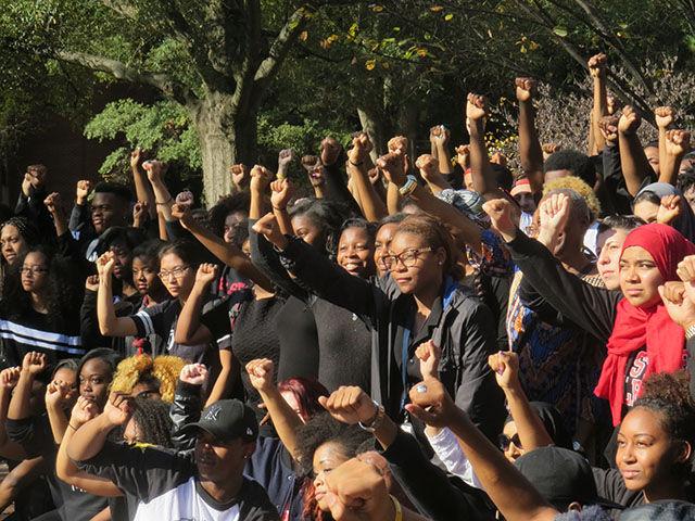 Students gather in Wolf Plaza to show support for students at the University of Missouri and accross the country fighting against racial discrimination.&#160;