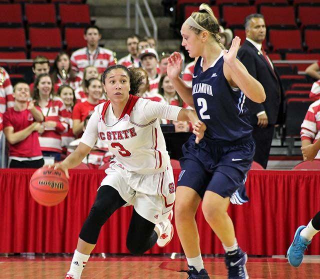 Miah Spencer, junior guard goes in for a layup during the women's basketball game at PNC Arena. The wolfpack played the Villanova, November 13. Spencer had 11 points and 6 rebounds. The Wolfpack won the game 70-64.
