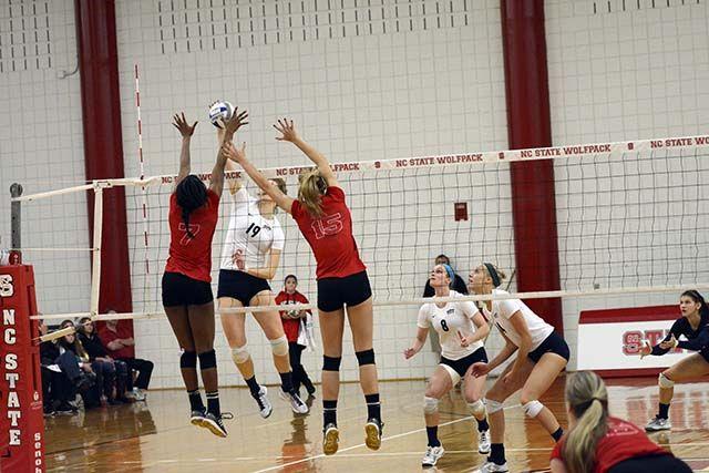 Perry Ramsey, outside hitter, and Kaitlyn Kearney, a mid blocker, defend against Pittsburgh on Saturday November 4th 2015. Ramsey had 6 digs and 6 kills. Kearney had 7 kills. NCSU lost 3-2 to Pittsburgh