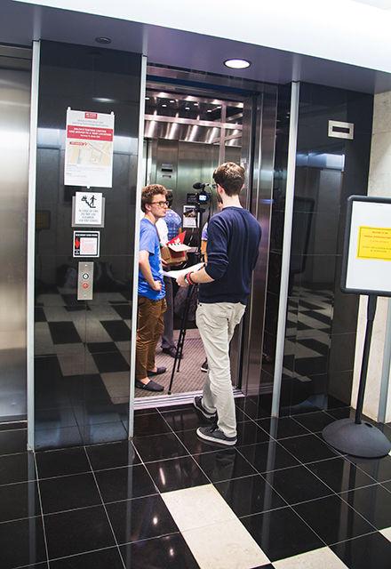 NC State Campus MovieFest team, the Filmmaking and Storytelling Society, shoot the entirety of its film, &#8220;Elevator,&#8221; inside of the Venture II building on Centennial Campus.&#160;