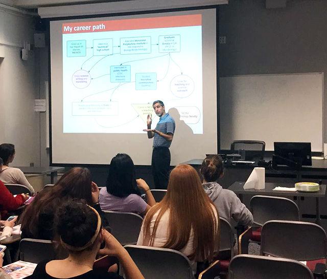 Carlos Goller, an assistant professor of biological sciences, spoke at an OSR meeting on Oct. 6. One of OSR&#8217;s objectives is to connect students with professors to discuss research opportunities. At each meeting, a professor is present to speak about their research.&#160;