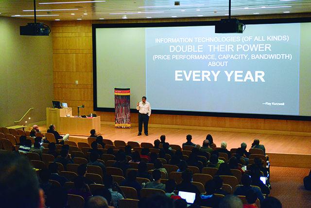 During his talk, "Our Star Trek Future and Why it is Time to Become an Entrepreneur" Vivek Wadhwa pointed out that today's technology is advancing at an exponential rate. HIs talk was held in Hunt Library auditorium on Tuesday, November 12, 2015.
