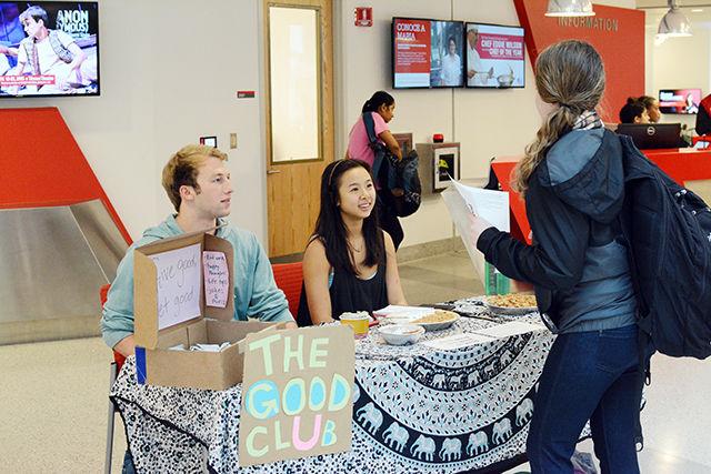 Emily Zucker, a senior studying mathematics, speaks with two officers of The Good Club in Talley Student Union on Nov. 9. Max Pearse, a senior studying statistics and Phian Tran, a junior studying agribusiness management, are officers of The Good Club which was founded this school year to help people "make friends, be comfy in their own skin, get their lives in order and make themselves feel good all around." On this particular day, The Good Club was hosting a "pie drive," which involved members of the club baking pies on Sunday and then distributing them on Monday in exchange for a hug or song. The Good Club hosts a variety of activities for its members, some of which include yoga and meditation, service opportunities and outdoor adventures.&#160;