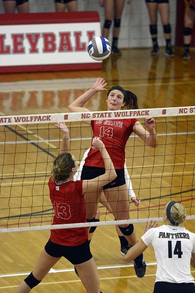 Maggie Speaks, a settler, sets Blayke Hranicka, freshmen middle blocker for a kill against Pittsburgh on Saturday November 4th 2015. Speaks had 7 digs and 4 kills. Hrranicka had 2 digs and 13 kills. NCSU lost 3-2 to Pittsburgh