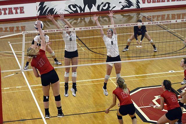 Julia Brown, a sophomore outside hitter for the wolfpack volleyball team attempts a kill againt Pittsburgh on Saturday November 4th 2015. Brown had 2 digs and 17 kills. NCSU lost 3-2 to Pittsburgh