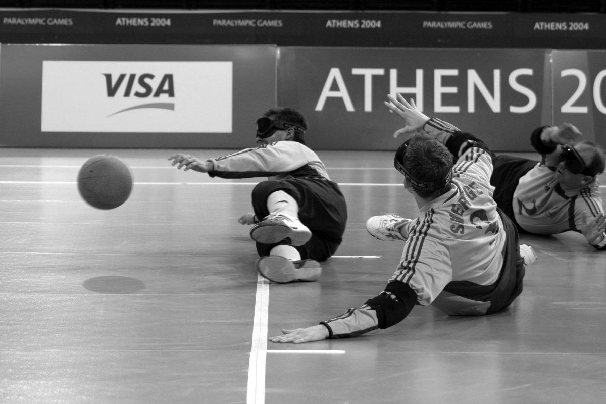The Swedish national goalball team plays in the 2004 Athens Paralympic games. The sport was originally designed for disabled veterans after World War II and has grown internationally since its inception.&#160;