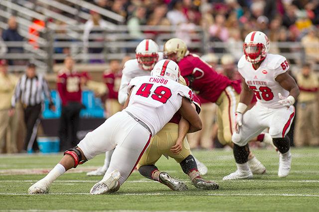 Sophomore defensive end Bradley Chubb makes a tackle in the game against Boston College Saturday. Chubb totaled 3.5 tackles for loss and 1.5 sacks in the Wolfpack&#8217;s 24-8 win in Chestnut Hill, Massachusetts.