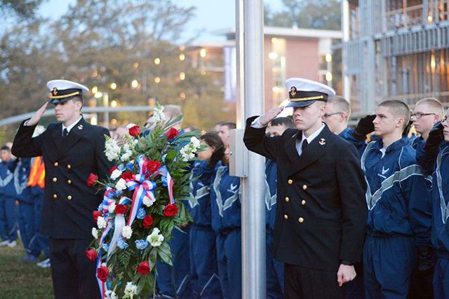 Cadets of NC State and citizens of Raleigh pay homage to those who have served in the U.S. Armed Forces at the Veterans Day Ceremony and Run event on Nov. 11, 2014 at the Bell Tower.&#160;