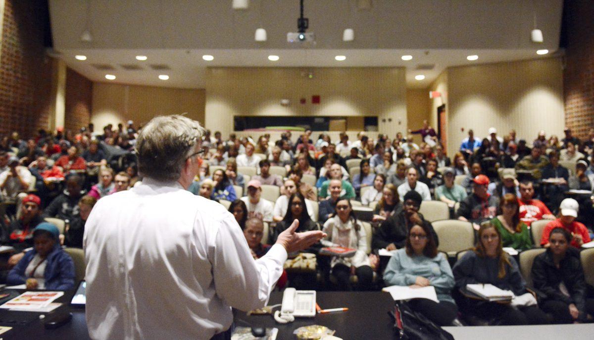 Greg Fishel, a meteorologist for the WRAL-TV television station, speaks to Biology 105 students about the controversial issue of climate change in Bostian Hall on Monday, Nov. 30.&#160; Fishel, who has been working as a meteorologist since 1979, emphasized how important it is for students to be open to any and all new ideas that come up in their lifetimes, even if they contradict an existing belief. Fishel's argument for the existence of climate change is based on his idea that, "a small amount of three or four gases can make the difference between an inhabitable and an uninhabitable planet, so isn't there at least a chance that humans might be having an effect?"