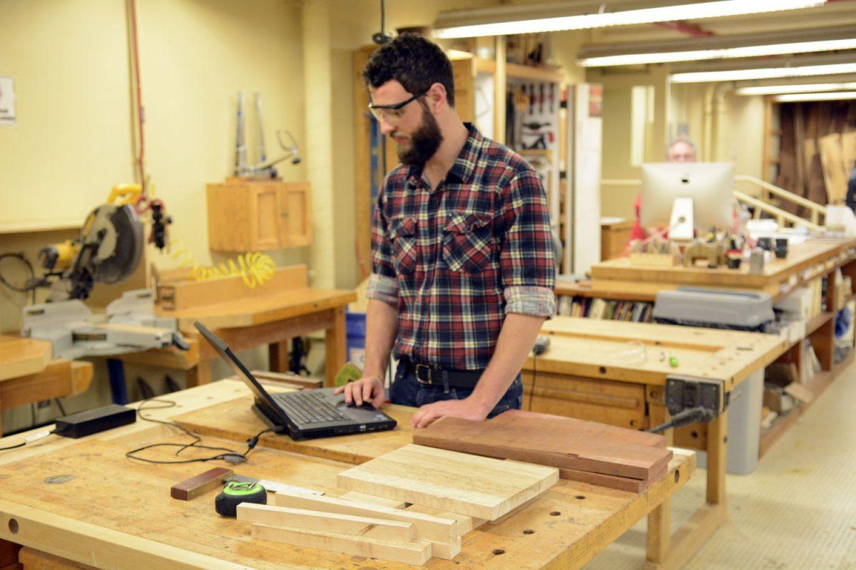 Caleb Gallentine, a senior in aerospace engineering, prepares to construct a jewelry box in the woodworking department of the NC State Crafts Center on Monday afternoon, Jan. 11th. Gallentine works in the Crafts Center as a desk attendant, where he monitors the overall safety of everyone working in the woodshop portion of the building and helps those who may need assistance. In order to use the woodworking center on your own time, students must take a course and complete it to a satisfactory level. Once a student proves they have sufficient knowledge of how to use the different tools in the shop, students can work any time the Crafts Center is open. Students who wish to use any portion of the Crafts Center must also complete an orientation. The hours for the Crafts Center are 2pm to 10pm Monday, Wednesday and Friday, 10am to 10pm Tuesday and Thursday, and 12:30pm to 5pm Saturday and Sunday.