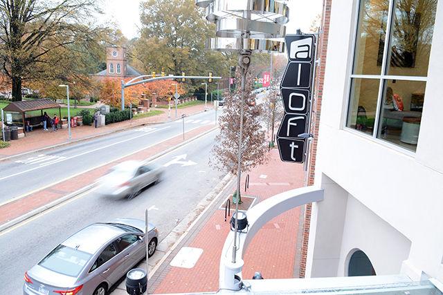 A view from the lounge balcony of the newly constructed Aloft Raleigh on Hillsborough Street.