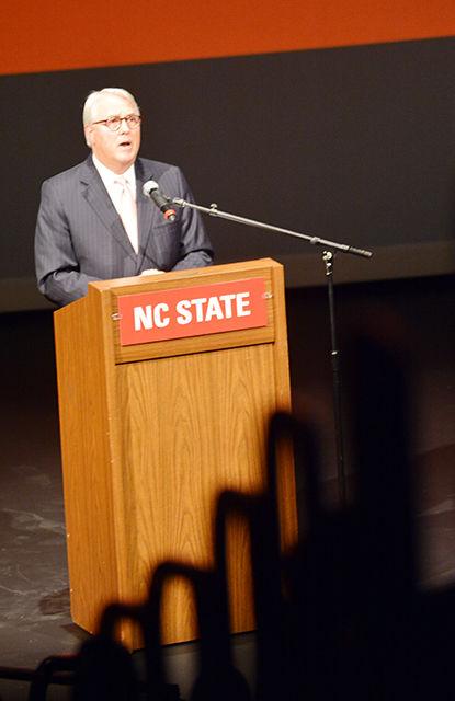Chancellor Randy Woodson speaks to a crowd about the achievements of N.C. State within the past year during his annual Fall Address in the Stewart Theatre of Talley Student Union Monday, Oct. 5, 2015. In his speech Woodson recapped "what just might be the most successful year in NC State's history" and looks ahead to a "future that is a big and as bold as we make it."